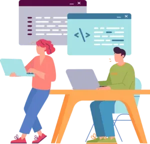 Two developers at desks working across multiple code and design screens