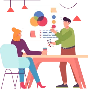 Two people building a connected workflow on a large screen